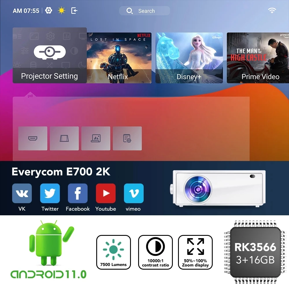 Everycom E700 2560x1440p 3+16G 2.4/5G WIFI Android hull hd   video 2k projector