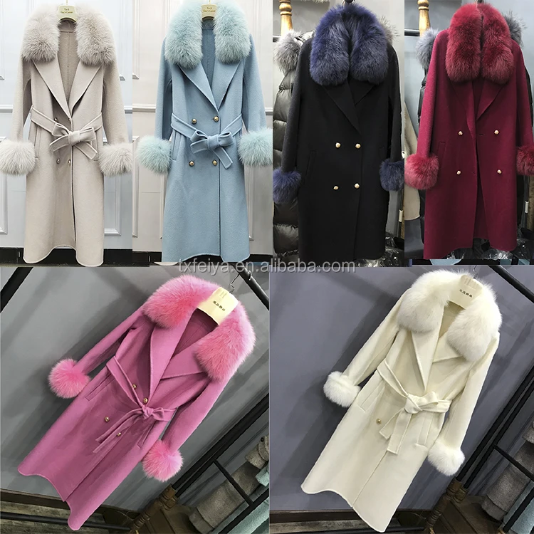 Celebrity winter clothes double breasted overcoat fox fur trimmed women jacket long length winter wool coats