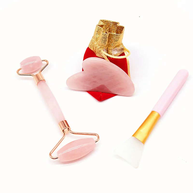 Factory Price Pink Crystal Roller Jade Massager Pink Crystal Heart-Shaped Scraper Face Film Brush 3-Piece Gift Set