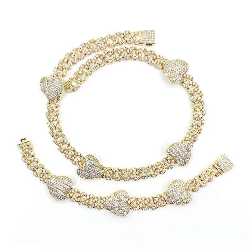 MJ Jewelry  Hot 2021 New Arrival 10mm Cuban Chain Heart Charm Bracelet Necklace Bling Bling Women Men Rapper Miami 2 Jewelry Set