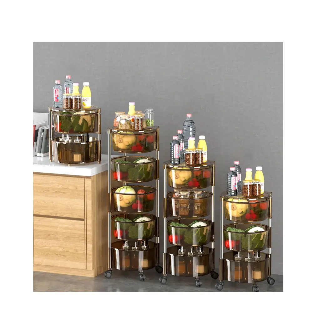 Household Bathroom Rolling Storage Cart Plastic Round Shape Rotating Vegetable Trolley Kitchen Fruit Organizer Rack