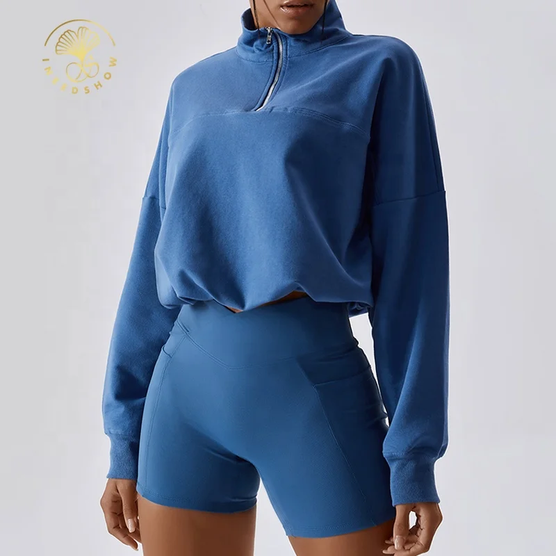 Custom Private Label Womens High Collar Blank Drop Shoulder Quarter Half Zip Oversized Hoodies Sweatshirts Wholesale For Womens