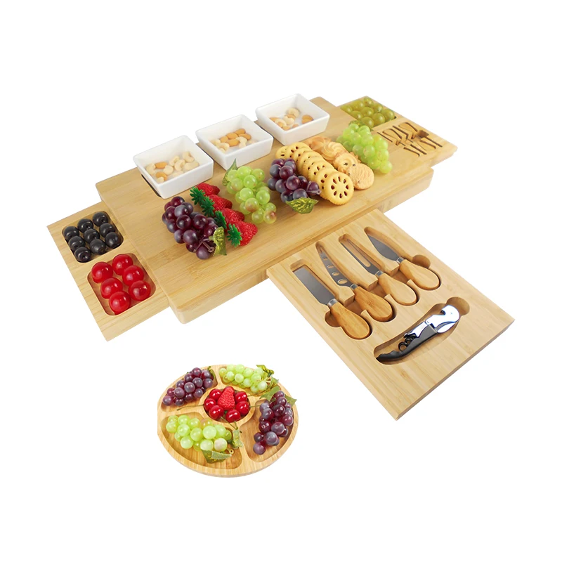 Bamboo Cheese Board Wooden Three Ceramic Bowls Three Magnet Drawers Serving Platter Cutlery Server Knife Set