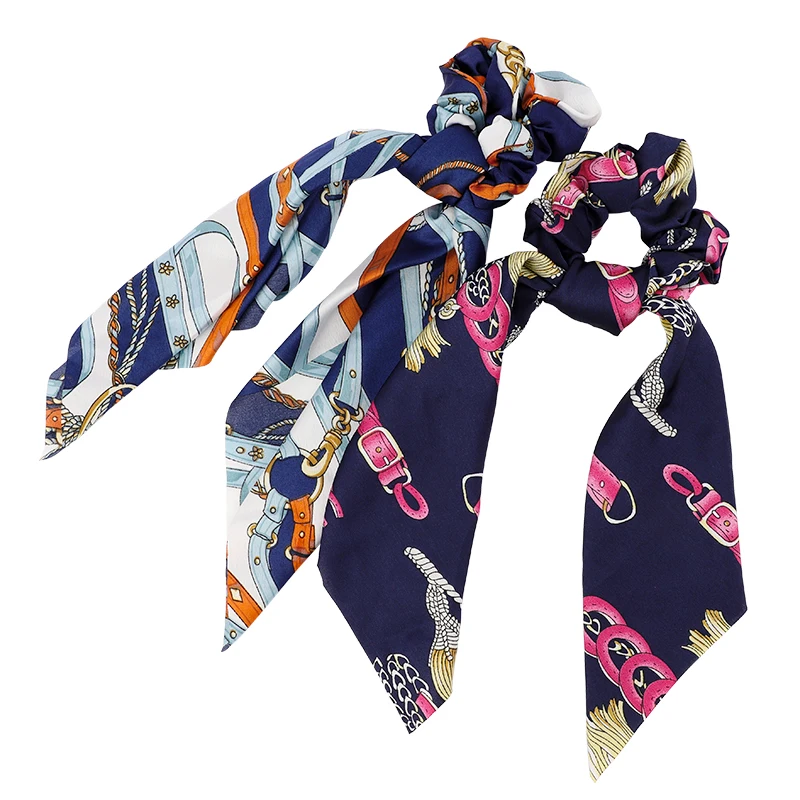 Wholesale Hair ribbon Hair Ties Long ponytail Printed Satin Scrunchies for hair Accessories