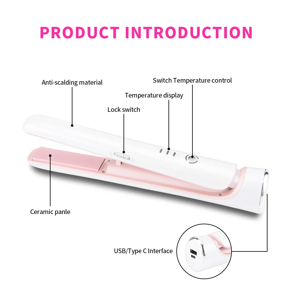 Cordless Flat Iron USB-C Rechargeable Wireless Travel Mini Hair Straightener With 5200mAh Battery