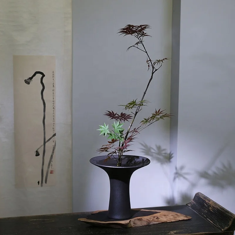 Ohararyu Ikebana ceramic vase  waist tied  frosted black modern Japanese style retro flower arrangement vessel