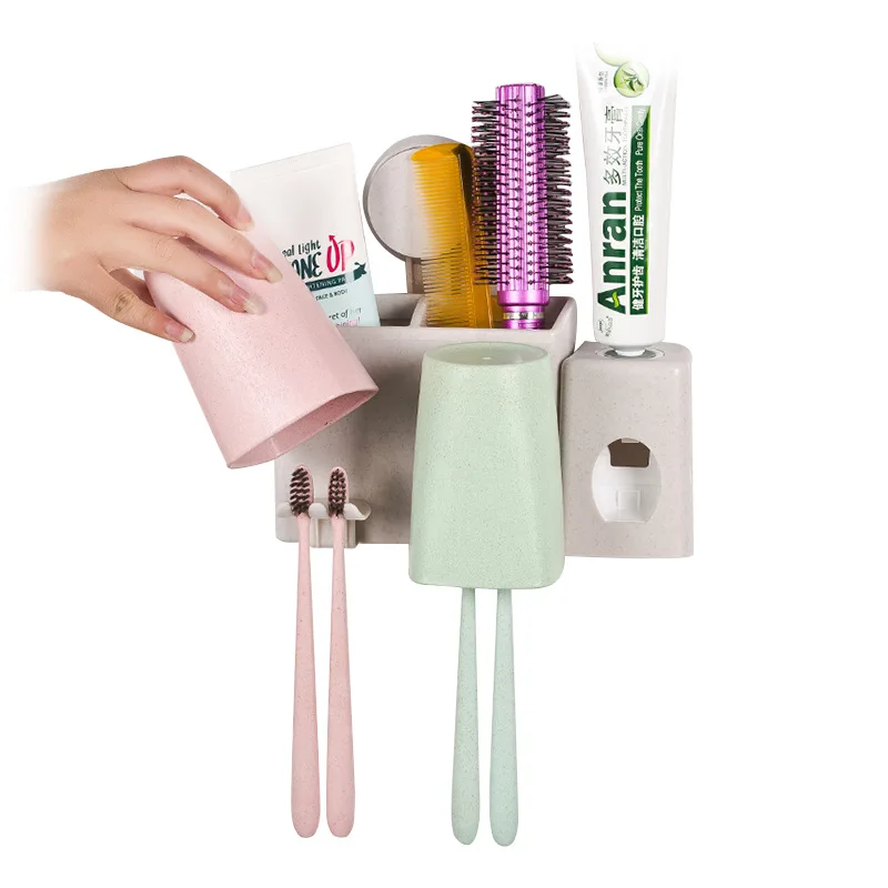 Wall Mounted Toothbrush Holder Set with Cups and Automatic Toothpaste Dispenser