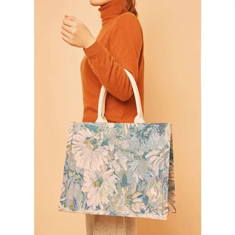 Hot Sell Extra Large Waterproof Customized Cotton Rope Handles Canvas Women Blue Print Bag