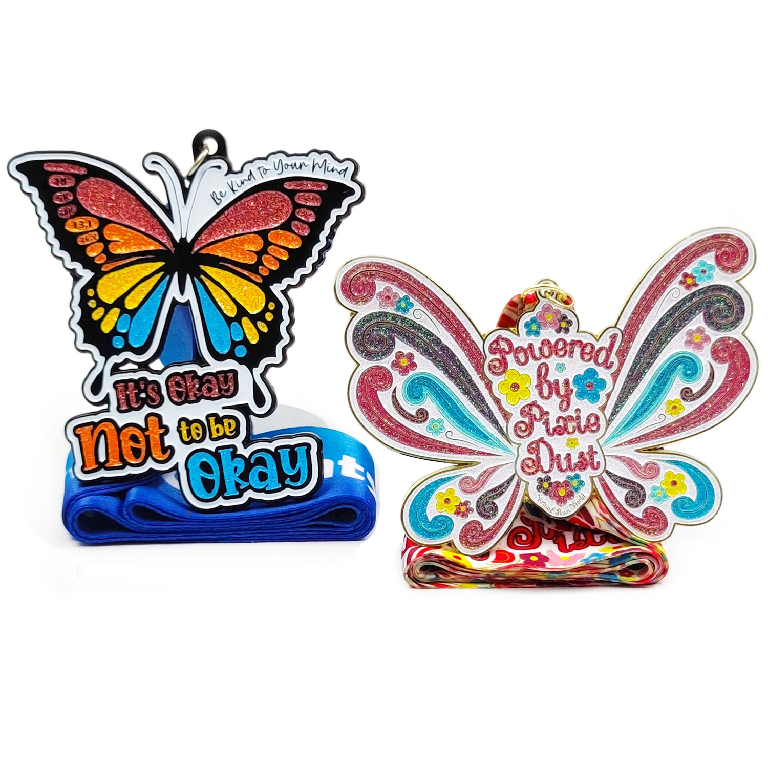Promotional Custom Made Hard Enamel Glitter Butterfly Medal with Bespoke Sublimated Ribbon for Events and Competition medallero