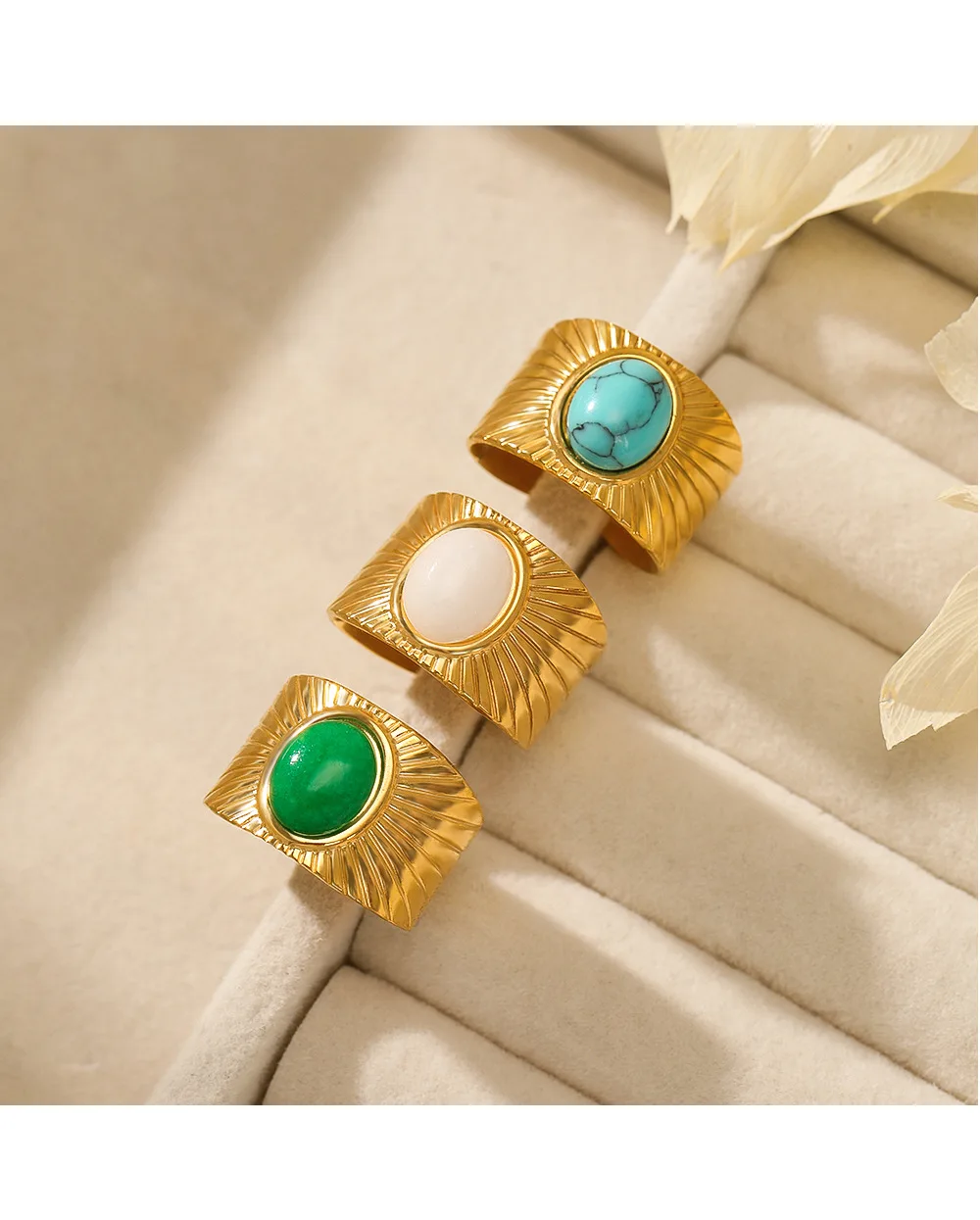 Stainless Steel Waterproof 18K Gold Rings High Polished Trending Rings Adjustable Natural Stone 316L Stainless Steel Rings