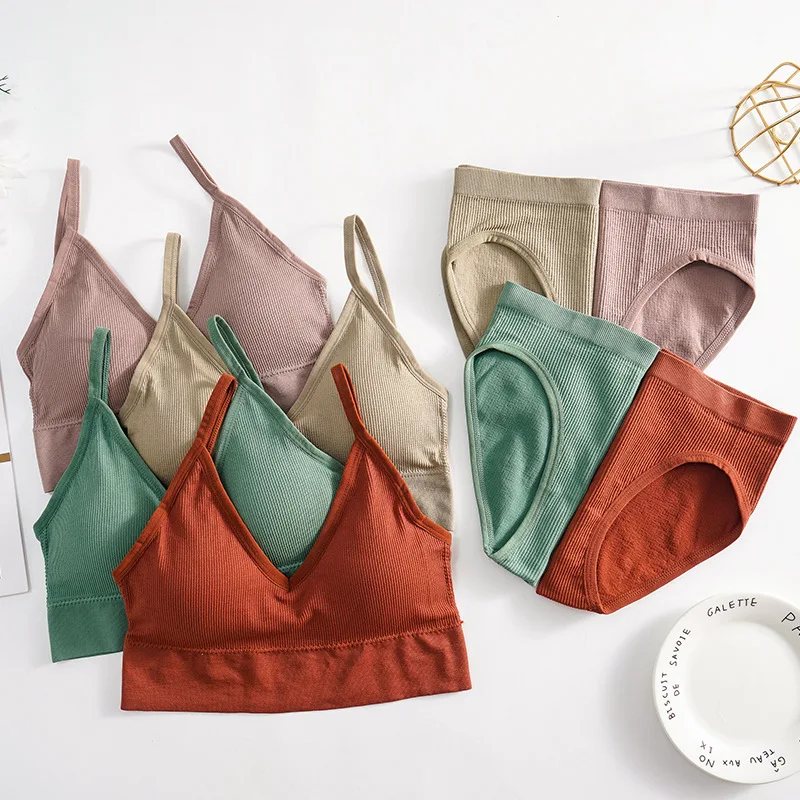 2201 Women Padded Bra Panties Set Soft Backless Tops Wireless Bras Set Seamless Underwear Women Lingerie Set Fitness Top