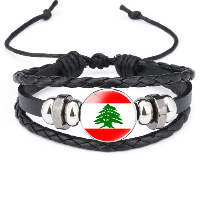 Asian national flags,Lebanon flag cowhide bracelets, black handmade woven bracelets