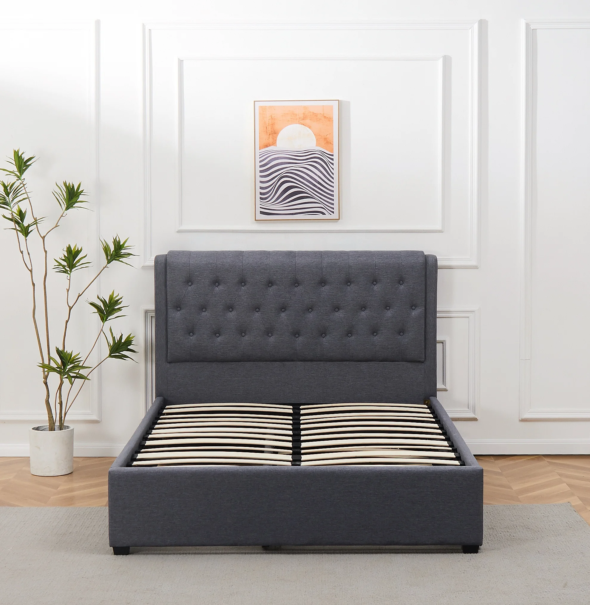 Modern Good Quality Dark Grey Linen Fabric Twin Single Bed Frame With Trundle Bottom Beds For Bedroom Furniture