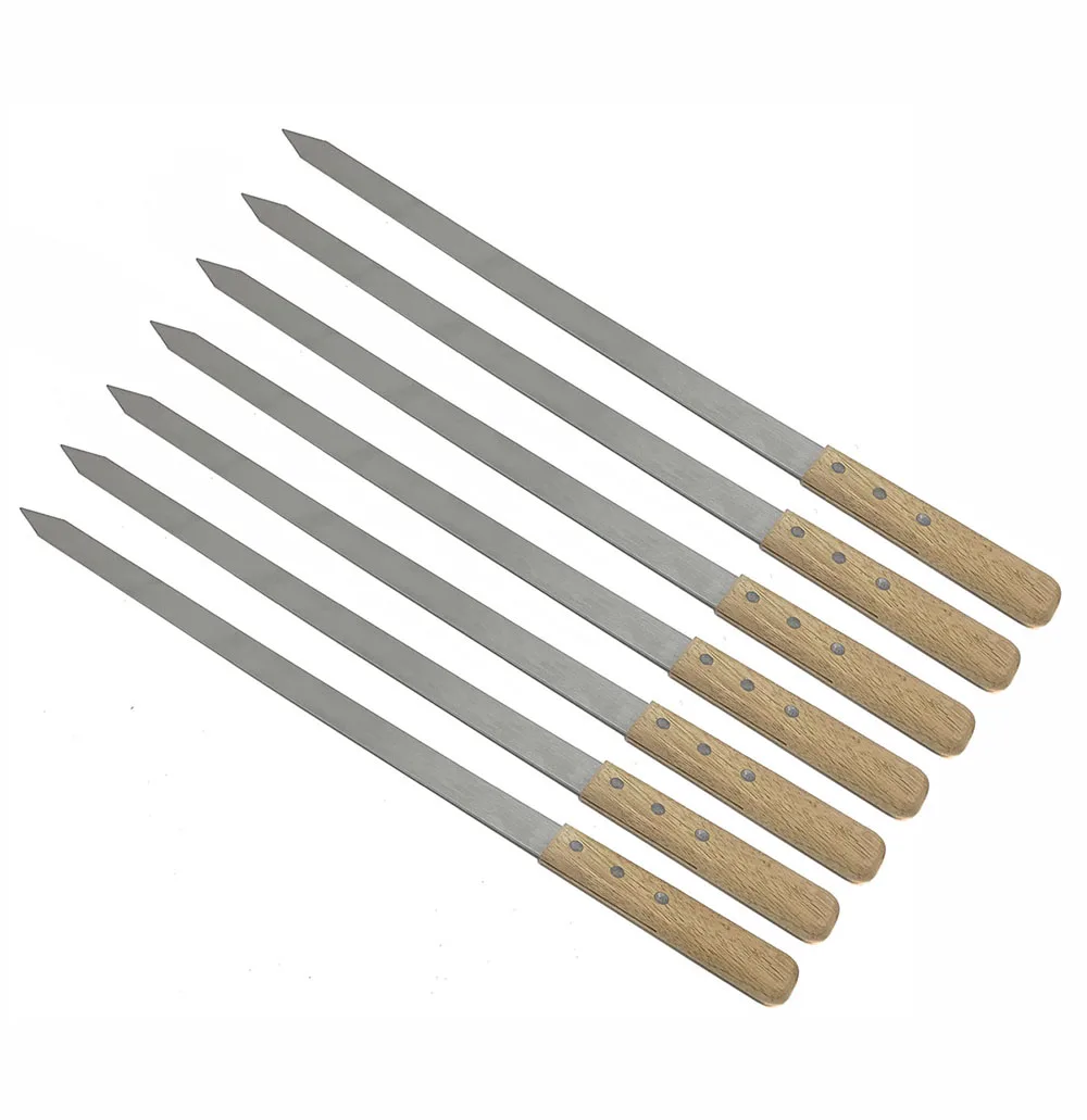 Custom Flat Metal BBQ Skewers Extra Long Stainless Steel Brazilian Shish Kabob Grilling Sticks Skewers with Wooden Handle