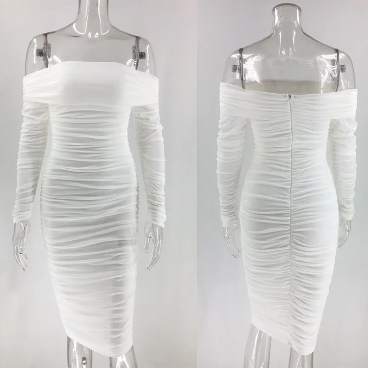 Vestidos Elegantes Sexy Women Long Sleeves Party Bodycon Bandage Short Dress Slash Neck Off Shoulder Draped Club Mesh Midi Dress