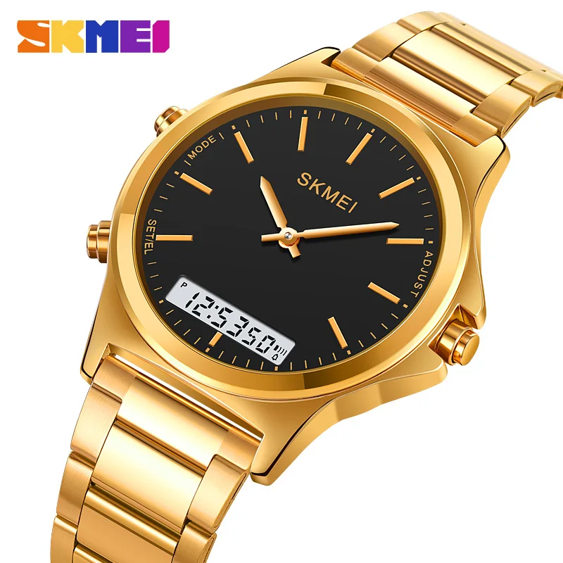 Skmei 2120 oem luxury gold wristwatch classic stainless steel 30 meter waterproof quartz men watches large display digital watch