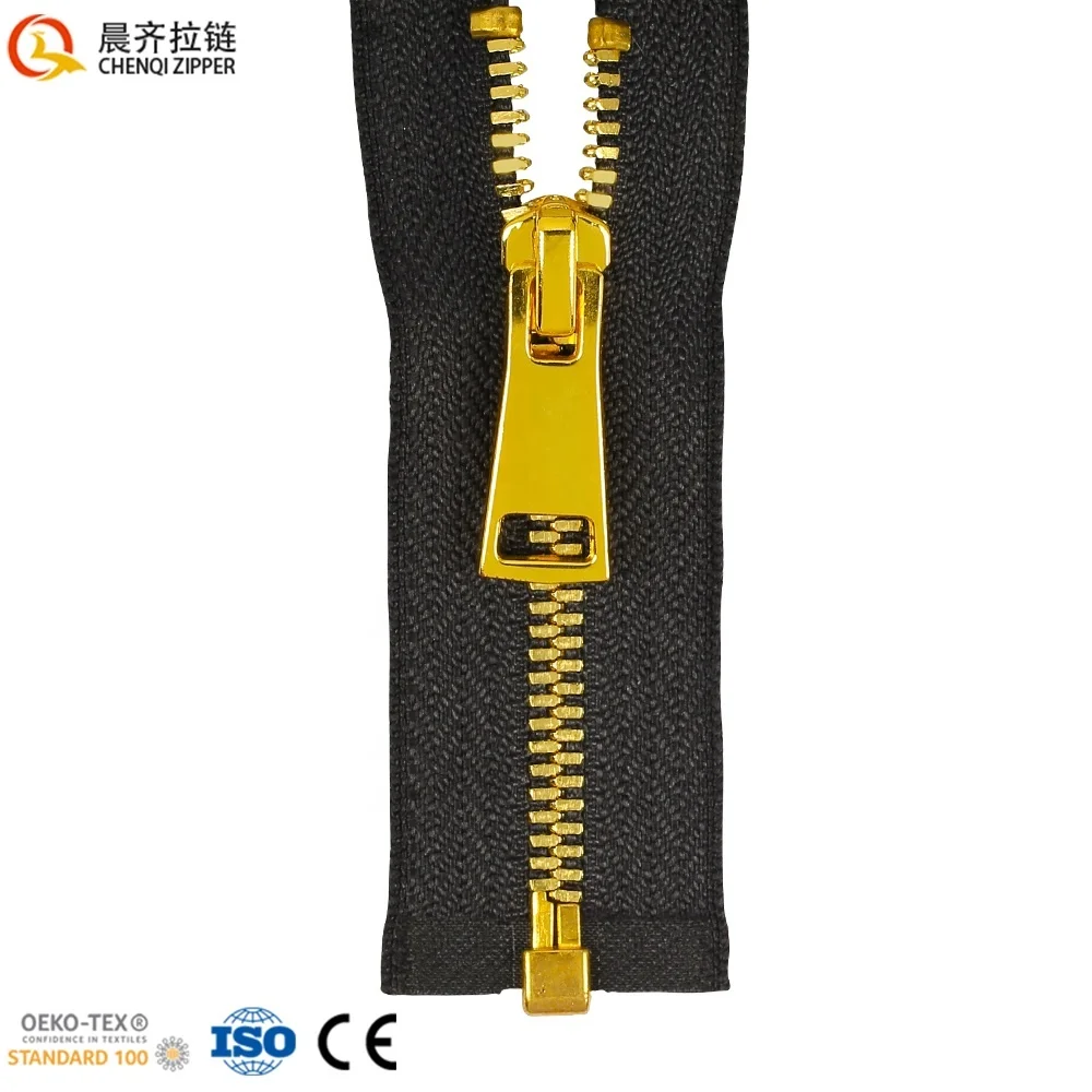 Factory Custom Logo Size 3# Corn Golden Teeth Metal Zipper Open End Black Tape Long Chain Brass Copper Metal Zipper For Jeans