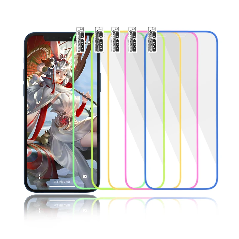 New Arrival Factory Direct Sale Colorful Rainbow Silicone Edge Luminous Fluorescent Tempered Glass Screen Protector For Iphone