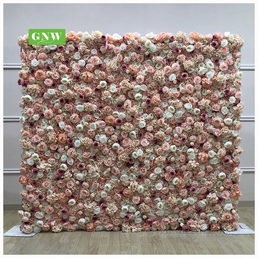 GNW FLW1606012-CL1 Artificial customized wedding decoration pink handmade cloth back roll-up flower wall