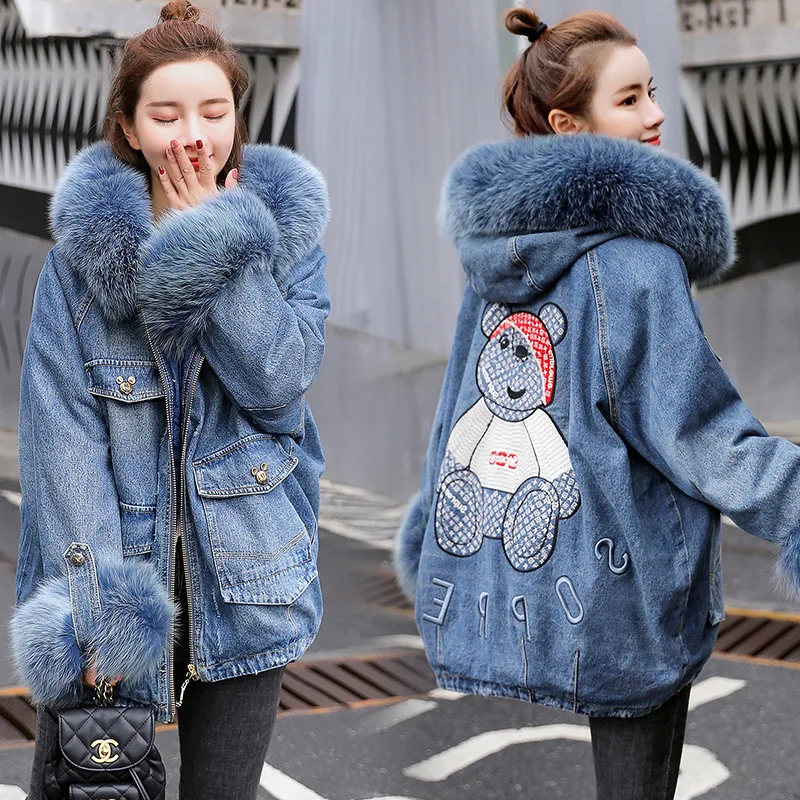 
Fashion big fur jean jacket women coats denim jacket with jeans 