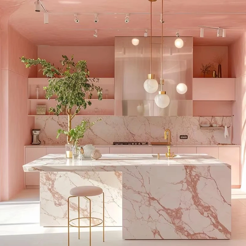 Vermont Modern Designs Pink Matte Lacquer 2 Pac Custom Shaker Kitchen Cabinet Design with Island