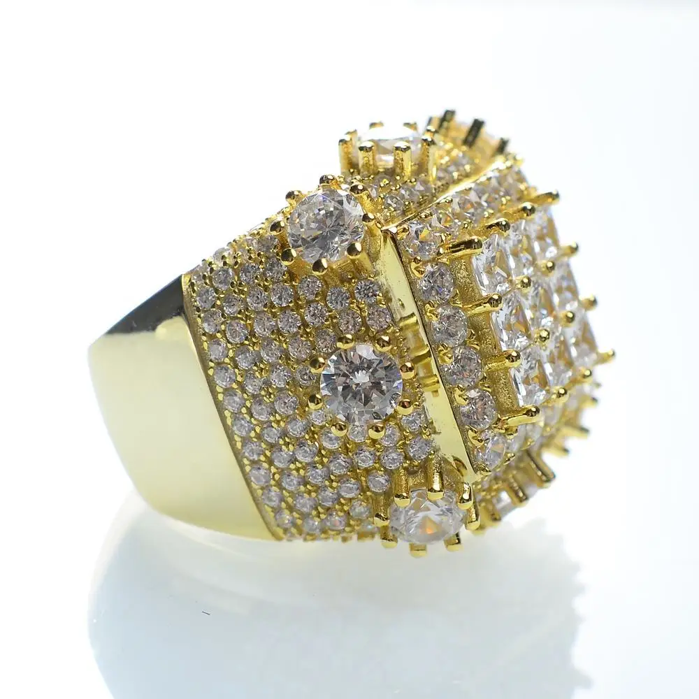Hip Hop micro pave iced out baguette stone brass gold plated designs ring for men