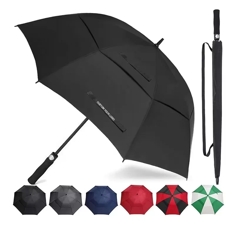 Wholesale Large  Vented Windproof Branded Golf Umbrella Custom Logo Prints Promotional Double Canopy  Straight Umbrella