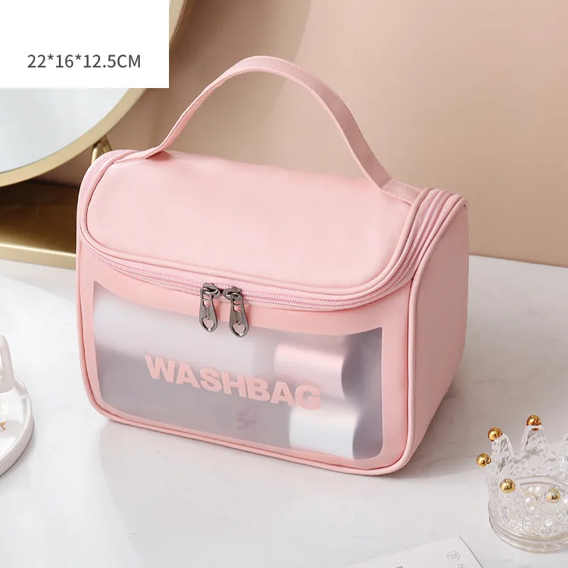 2022 Wholesale Clear Custom Women Pink  PU Leather Waterproof Large Capacity Pvc Toiletry Bag Travel Cosmetic Bag With Logo