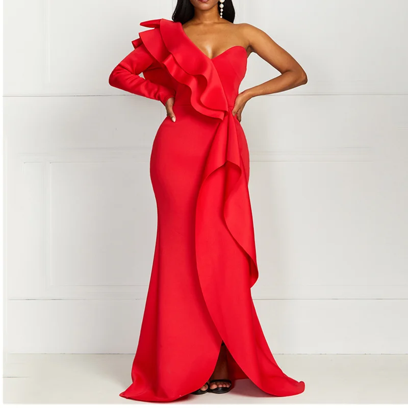 
 Сексуальные красные женские вечерние платья макси на одно плечо с открытой спиной   (62417918792)