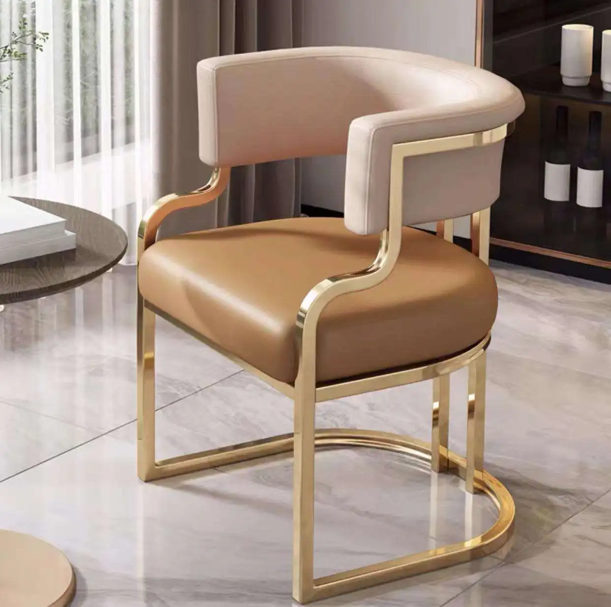 Modern Luxury Cafe Salon Visitor Golden Metal Upholstered Tub Leather Dining Armchair Chairs For Sale