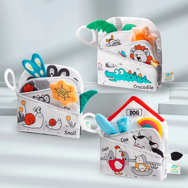 New design Multi functional animal patterns Soft fabric Cloth Book Crinkle squeaky toy funny baby toy H099
