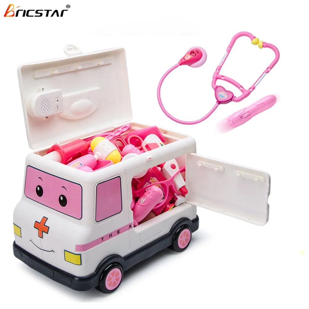 Bricstar hot sale children pretend play toys 29pcs Simulation Doctor Toy Set 29 in 1 DIY Ambulance set with vision check