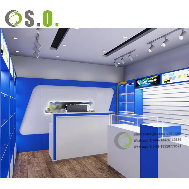 Trendy  Wooden Cell Phone Shop Design  Custom Led Lighting Display Showcase Mobile Phone Store Furniture