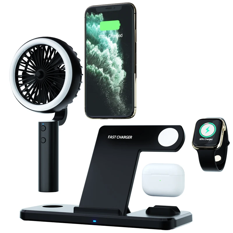 
2021 new 4 in 1 fast Wireless charger for Mobile Phone wireless air pods series 6 wireless Chargers with holder stand fan 