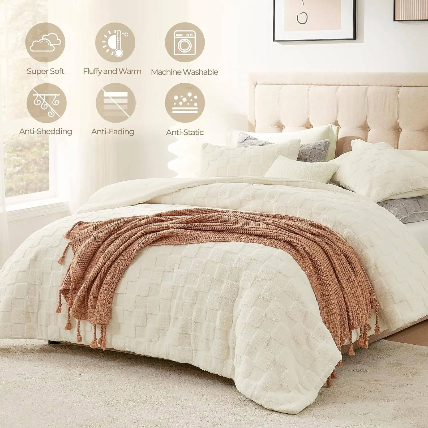 Fluffy Multi Size Jacquard Checkered Comforter Set Soft Sherpa Comforter 3pcs Warm Bedding Set with 2 Pillowcases for Winter