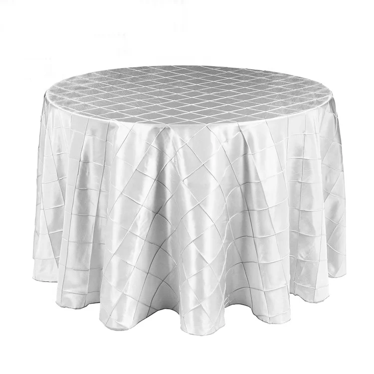 Custom Round Embroidered Tablecloth Dining Room Use White Pintuck Table Covers For Wedding Party