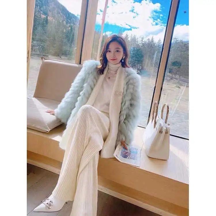 Latest Fashionable Winter Women Luxury Striped Fox Fur Cardigan Coat