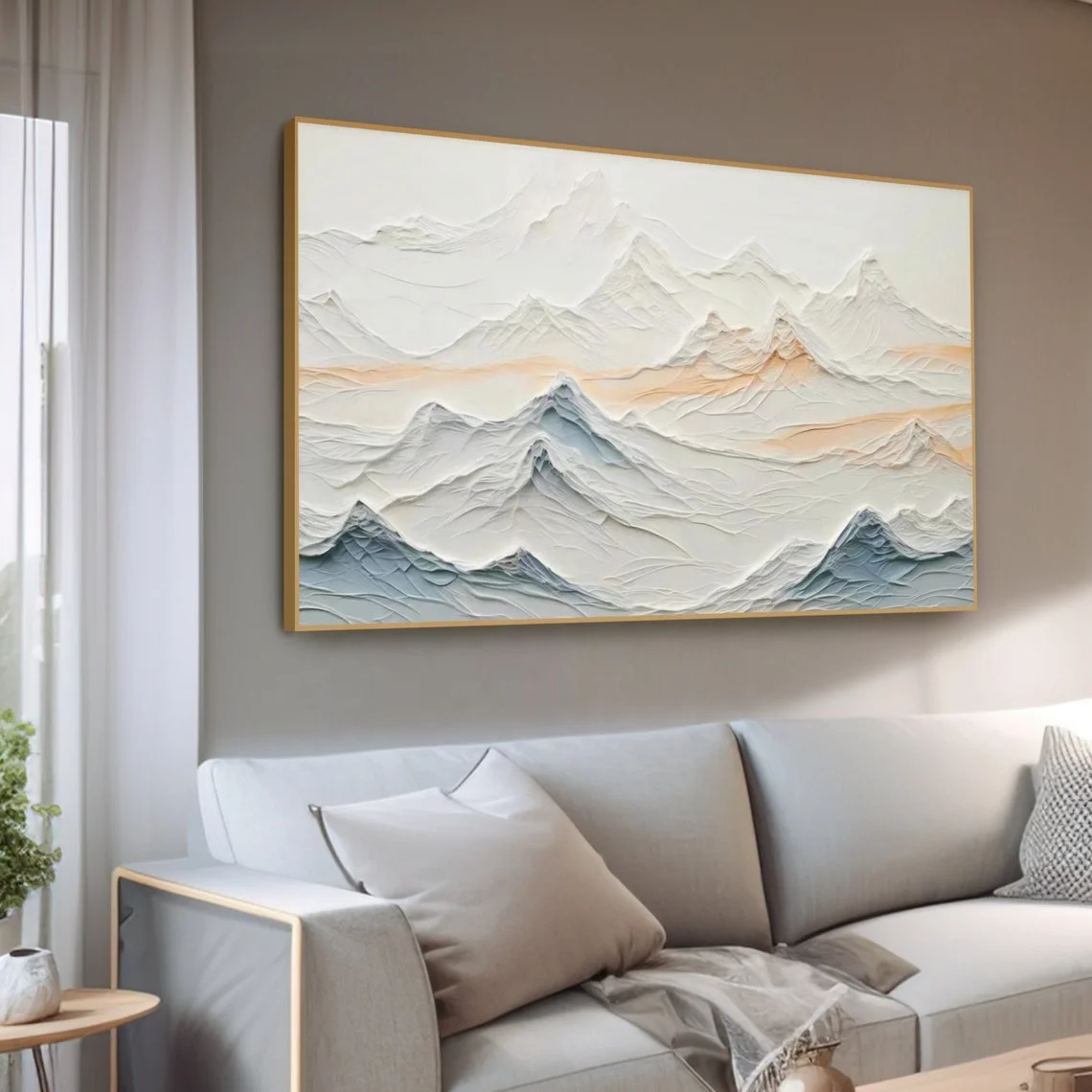 minimalist abstract snow mountain landscape texture handmade oil painting living room sofa background wall decor hotel artwork
