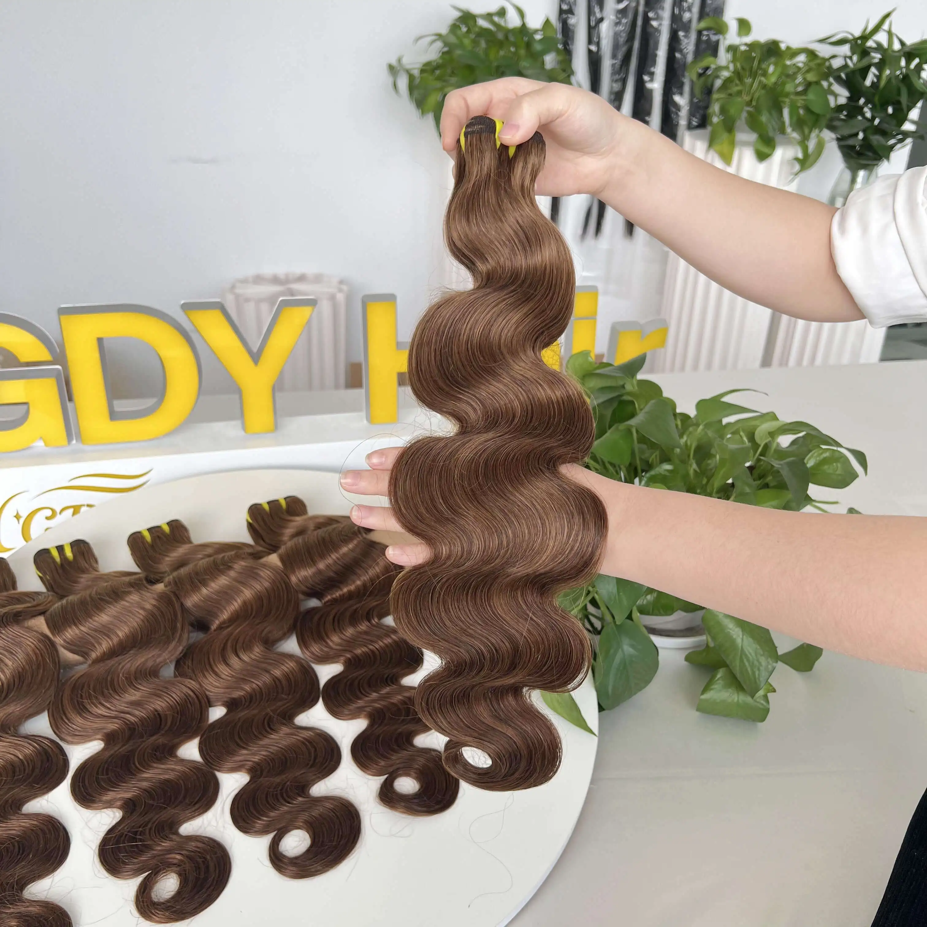 GDY Extensions Human Hair Weave Vendors Indian Wavy Hair #4 Chocolate Brown Bouncy Body Wave Bundles