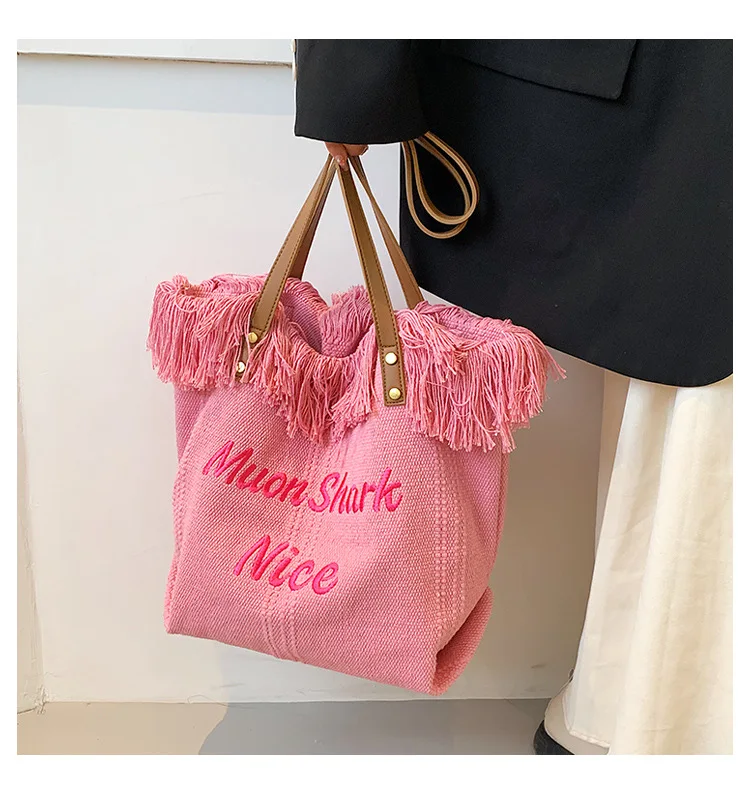 Women Summer Luxury Handbags Cotton Beach Tote Bag With Leather Handle Embroid Fringe Shoulder Bag Purses Tote Bag