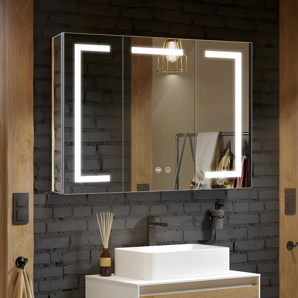 Popular industrial bathroom mirror cabinet with LED light multi function