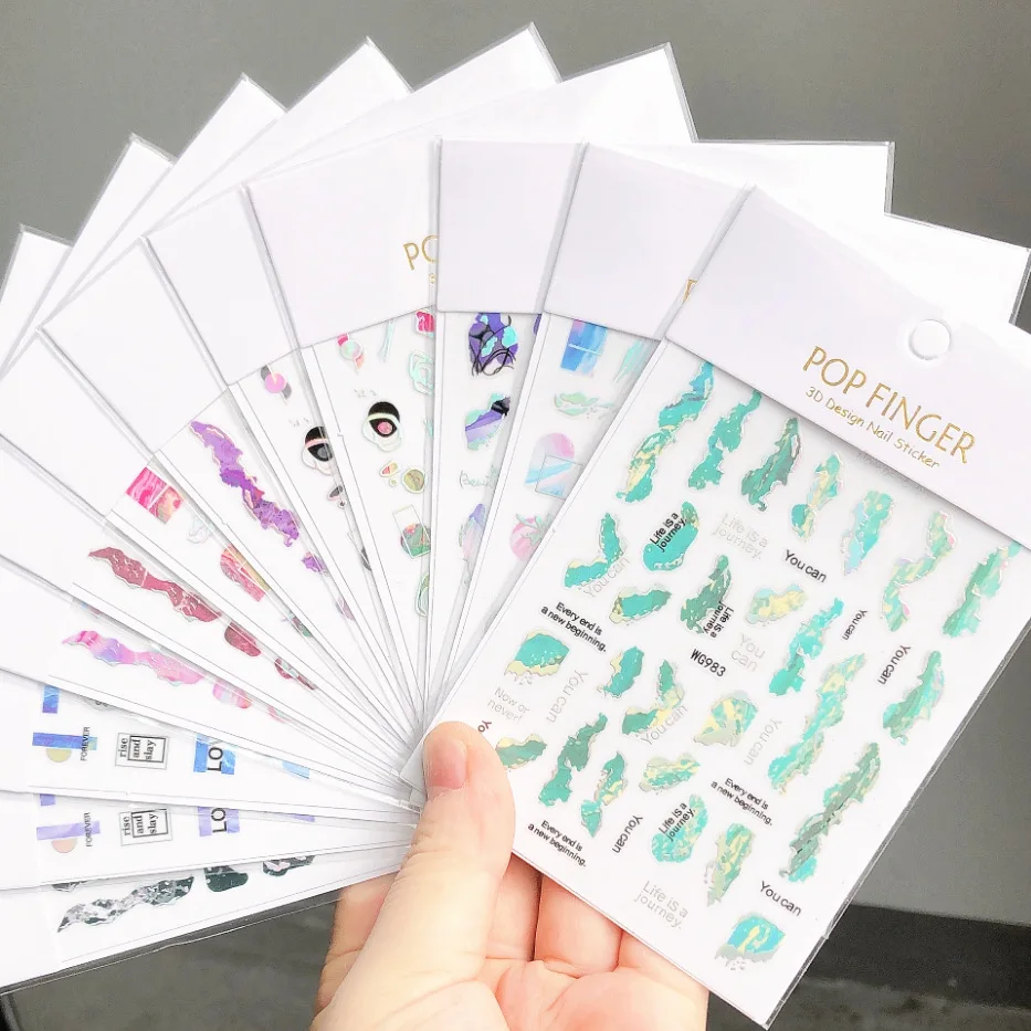 2024 New pop finger nail stickers abstract English letter nail polish stickers pink gold 3D colorful marble nail stickers