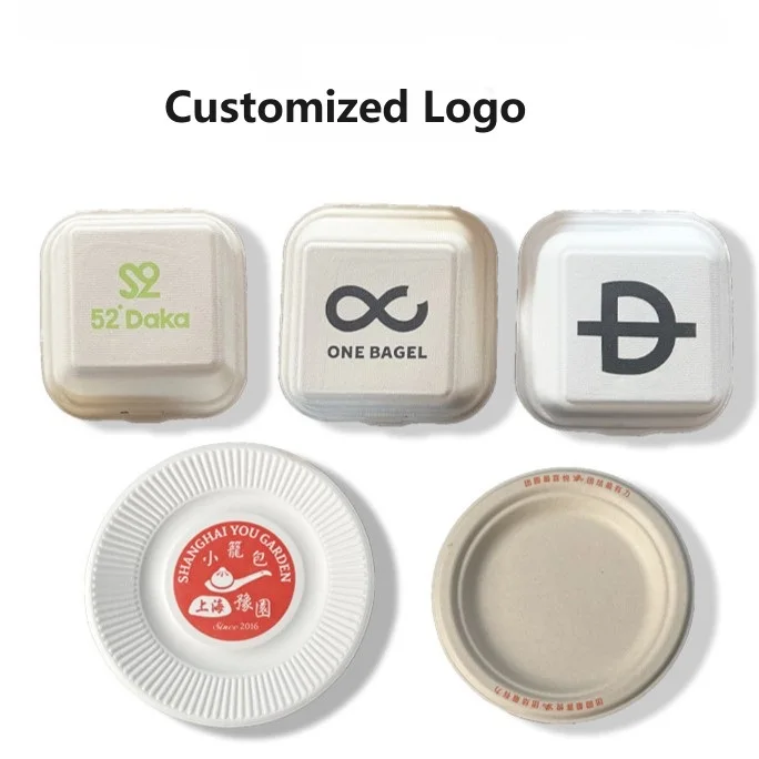 Custom printed disposable paper plates clamshell bagasse sugar cane  packaging bio degradable takeaway food container