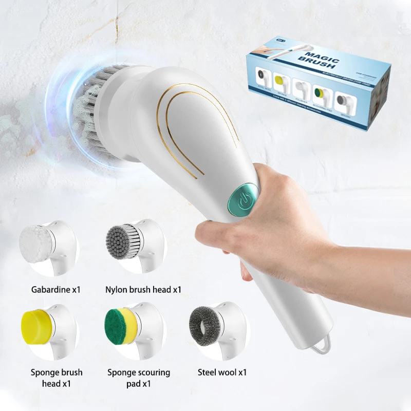 Kitchen handheld electric spin scrubber brush spin scrubber electric 5 in 1 with rotating speeds and 5 replaceable brush heads