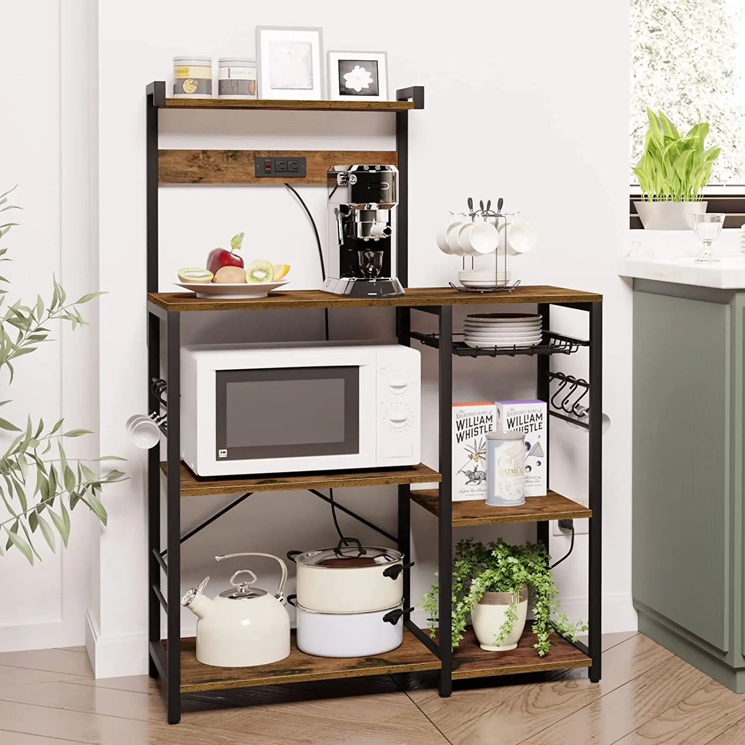 Vekin Kitchen Furniture Display Cabinets Storage Racks Vintage Brown Kitchen Simple Design Storage Rack with 6 S-Hooks