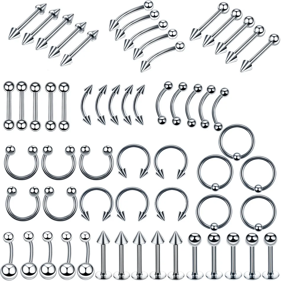 YW 60pcs /set Stainless Steel Silver Color Body Piercing Nose Eyebrow Lip Navel Classic Body Piercing Set Piercing Jewelry