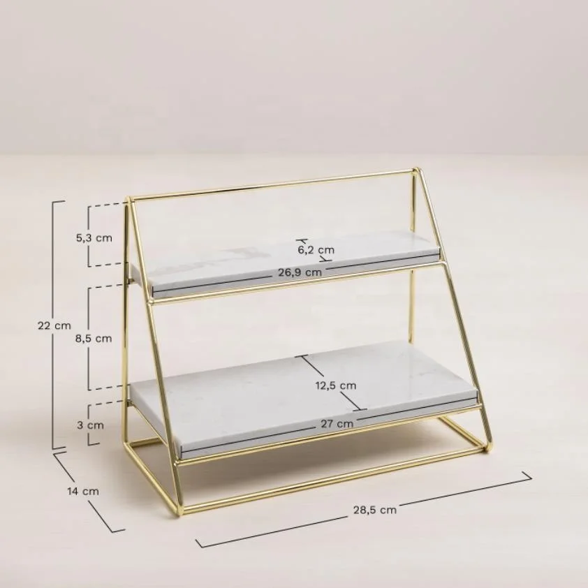 multipurpose 2 Tier Marble shelf display table with Gold Metal for cosmetic display catering hotel restaurant display stand