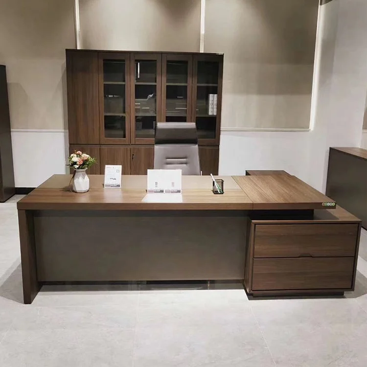 2.4*1.8M Long Rectangle Office Executive Corner Desk With Right Return Classical Boss Office Work Station Table In Walnut Veneer