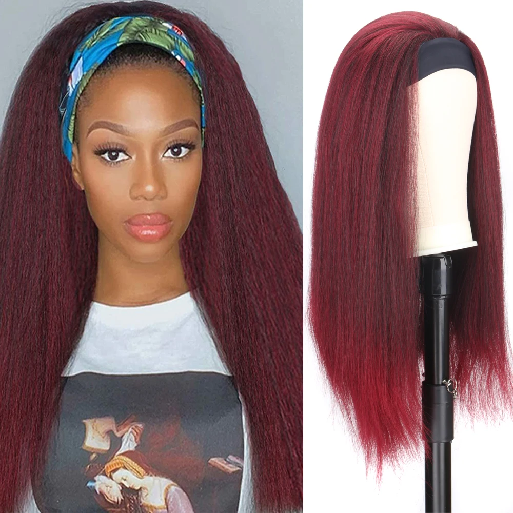 Long Kinky Straight Headband Synthetic Hair Wigs Cap For African American Women Natural Black/Red 26Inch Kanekalons Afro Wig