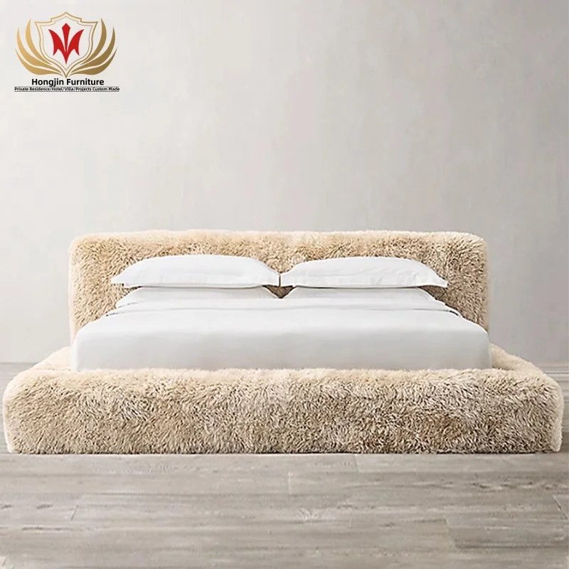 HJ HOME Postmodern Luxury Bedroom Furniture Solid pine Wood frame Sheepskin Platform King Size Bed For Villa bedroom